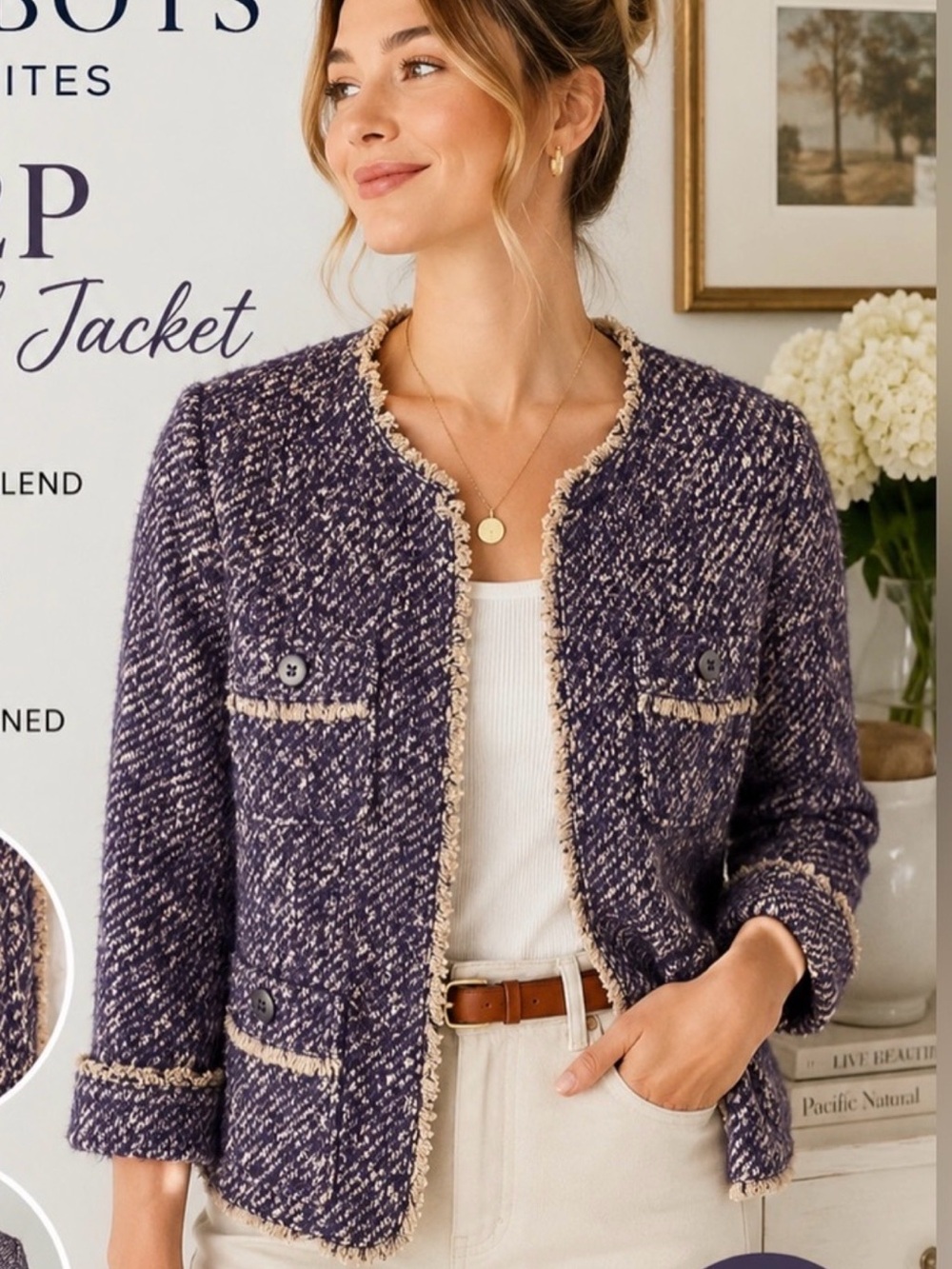Talbots Purple Tweed Wool Mohair Alpaca Fringe-Trim Blazer, Women’s 12 Petite